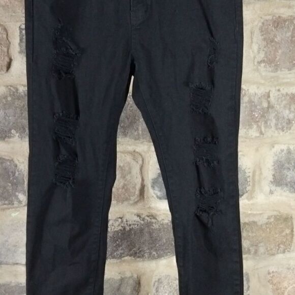 Shein black distressed front raw hem jeans stretchy sz Large EUC cotton blend - Picture 11 of 12